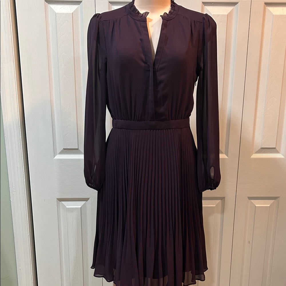 Ann Taylor Deep Plum Long-Sleeve Pleated Dress